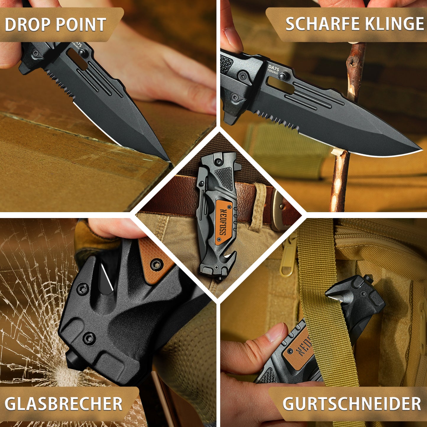 NedFoss DA75 Profi Rettungsmesser, 10cm Klappmesser mit Gurtschneider & Glasbrecher, Taschenmesser mit Liner Lock & Kugellager, Einhandmesser für Auto, Outdoor-Notfallmesser mit Gürtelclip