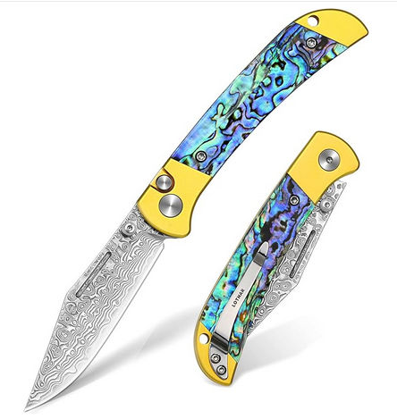 Damaskus Handgefertigtes Klappmesser mit Knopfverschluss aus geschmiedetem Damaszenerstahl, mit Griff aus Abalone-Muschel und VG10-Stahl