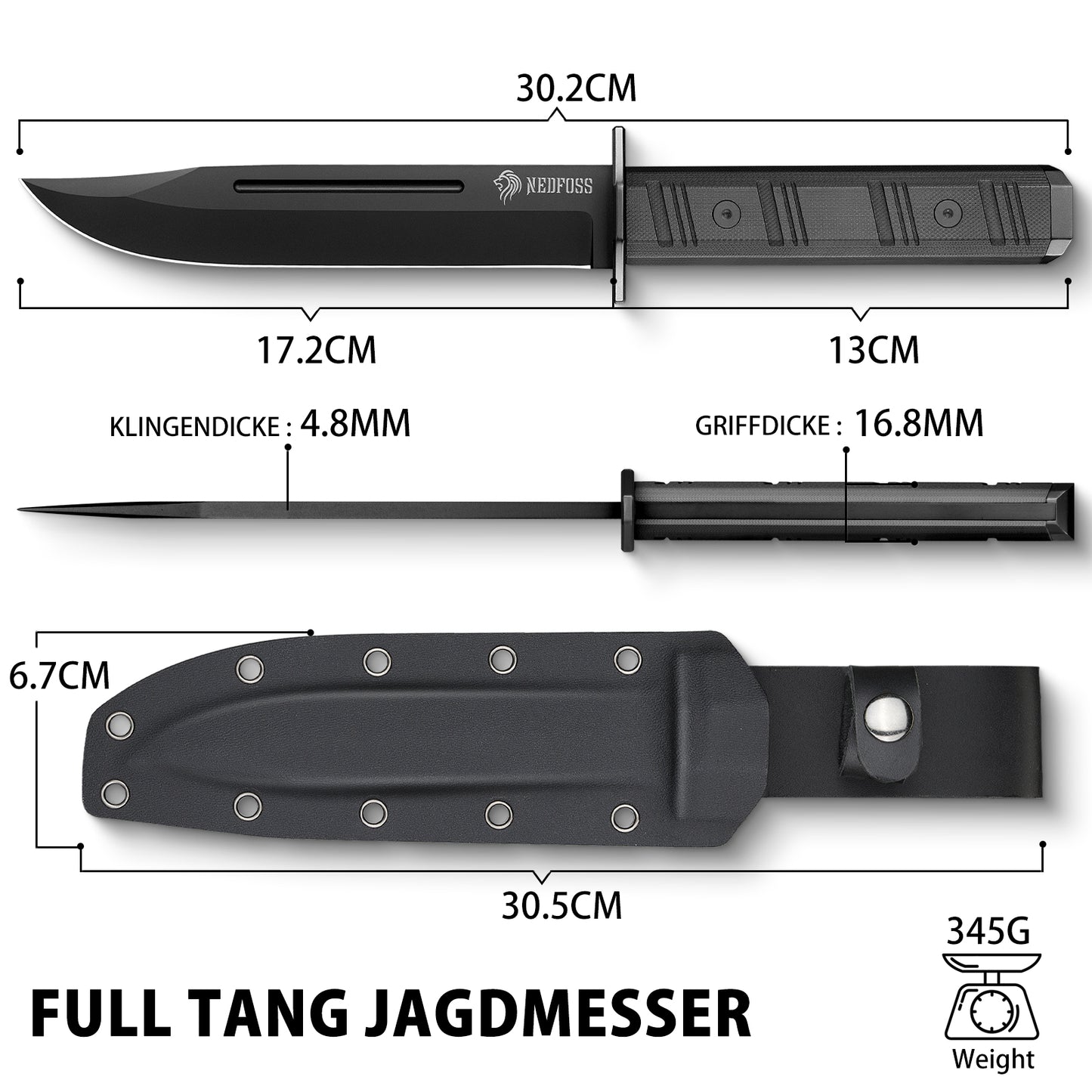 NedFoss BRAVE Bowiemesser, 17.2CM D2 Stahl Full Tang Outdoor Messer mit G10 Griff & Kydex Scheide, Survival Messer mit Titanium