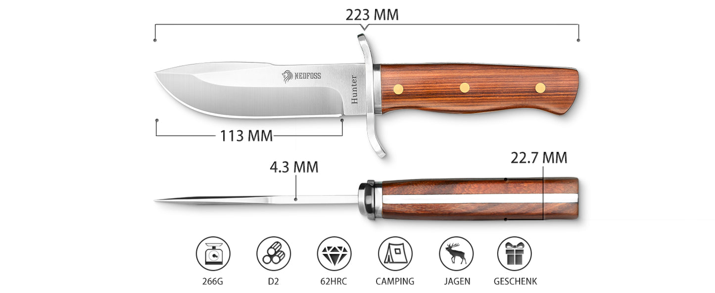 NedFoss HUNTER Jagdmesser, 11cm Bowiemesser aus D2 und Rotholzgriff mit Exquisite Ledertasche, Survival Messer für Outdoor, Extra scharf (Braun)