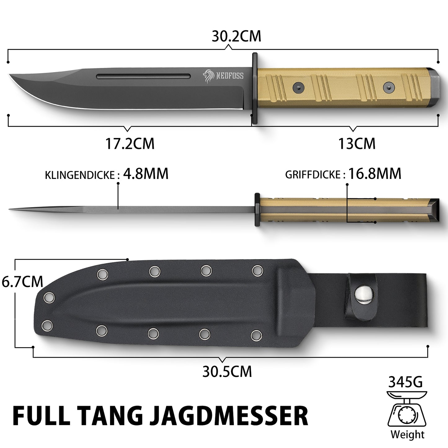 NedFoss BRAVE Bowiemesser, 17.2cm D2 Stahl FULL TANG Outdoor Messer mit G10 Griff & Kydex Scheide, Survival Messer mit Titanium