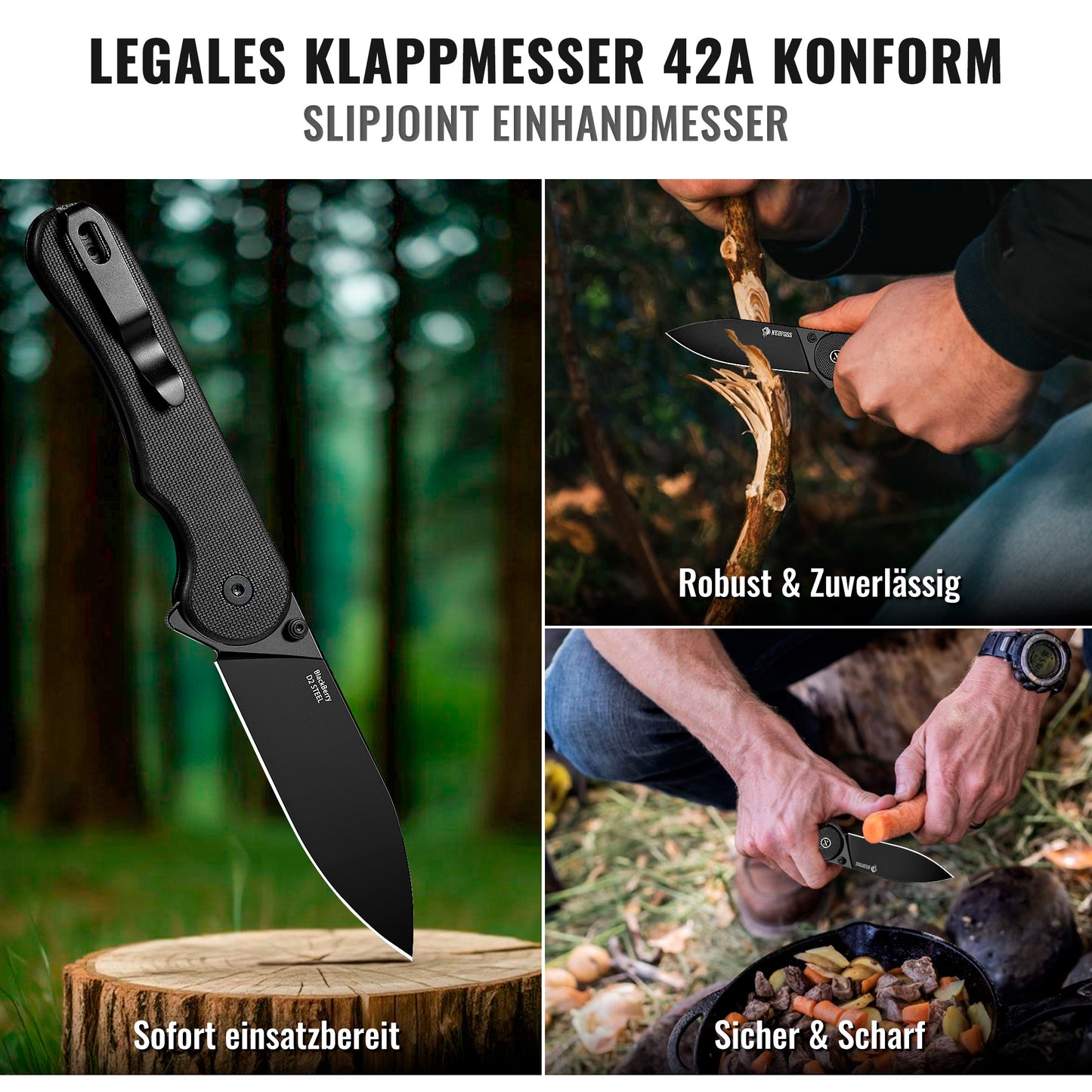 NedFoss BLACKBERRY Einhandmesser, D2 Stahl Slipjoint Klappmesser mit G10 Griff, Legales Taschenmesser 42a konform, EDC Messer für den Alltag, Sammlung & Geschenk