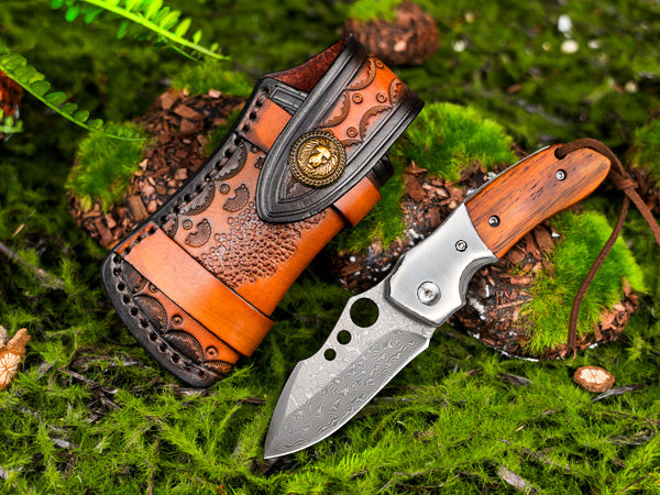 NedFoss PARROT Damast Taschenmesser, Damast Klappmesser, EDC Messer aus Damaststahl und Holzgriff, extra scharf