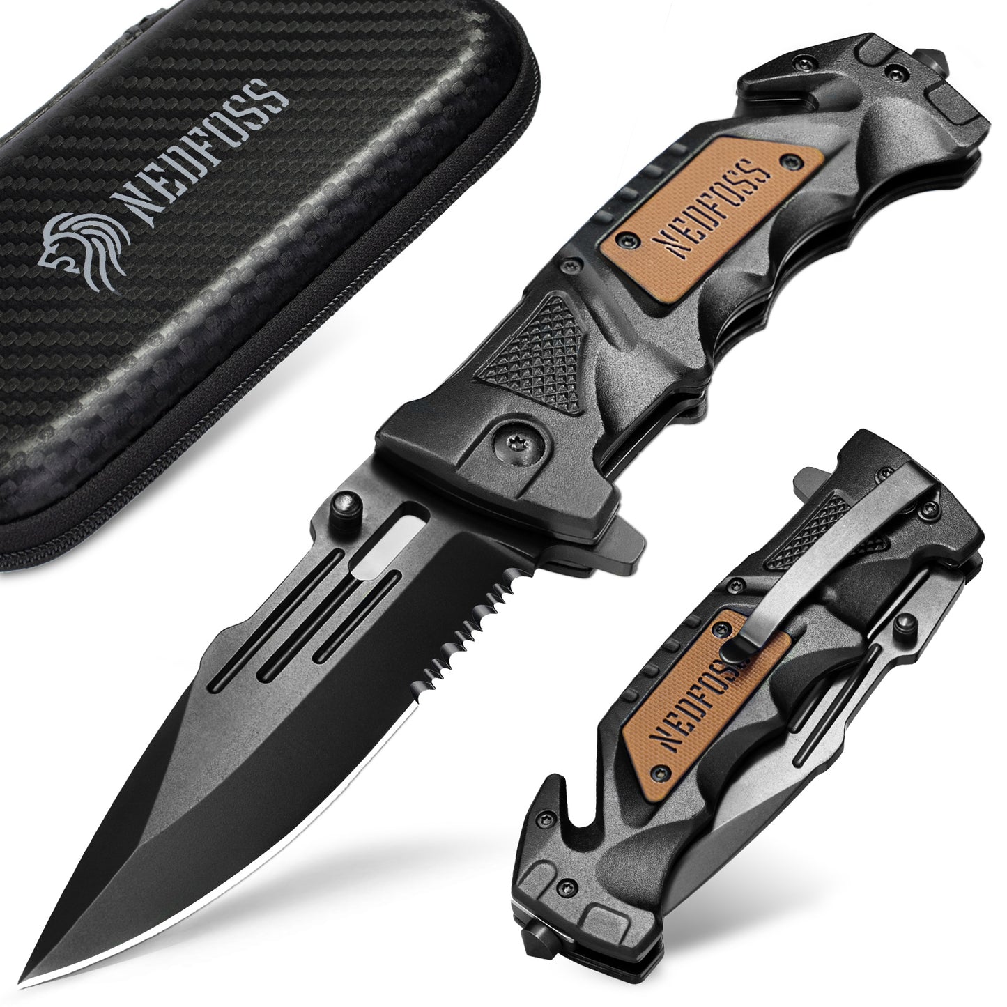 NedFoss DA75 Profi Rettungsmesser, 10cm Klappmesser mit Gurtschneider & Glasbrecher, Taschenmesser mit Liner Lock & Kugellager, Einhandmesser für Auto, Outdoor-Notfallmesser mit Gürtelclip