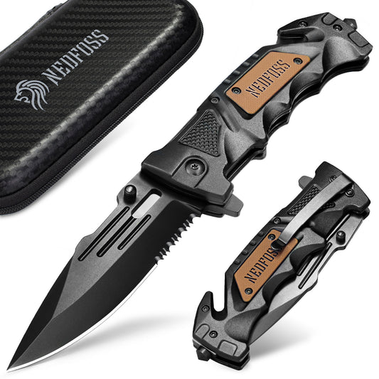 NedFoss DA75 Profi Rettungsmesser, 10cm Klappmesser mit Gurtschneider & Glasbrecher, Taschenmesser mit Liner Lock & Kugellager, Einhandmesser für Auto, Outdoor-Notfallmesser mit Gürtelclip