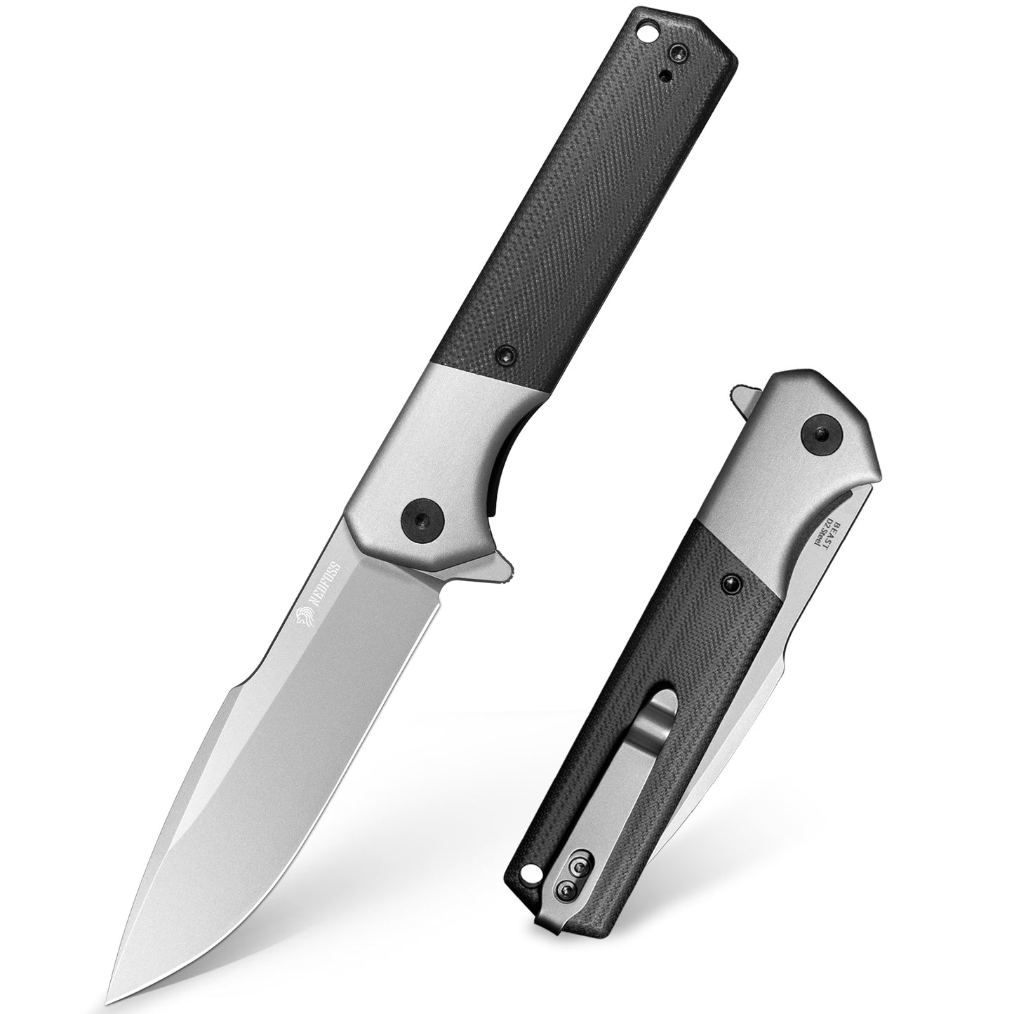 NedFoss BEAST Klappmesser, 10cm D2 Stahl Klinge, großes Taschenmesser, G10 Handle, Scharfes Einhandmesser mit Scheide