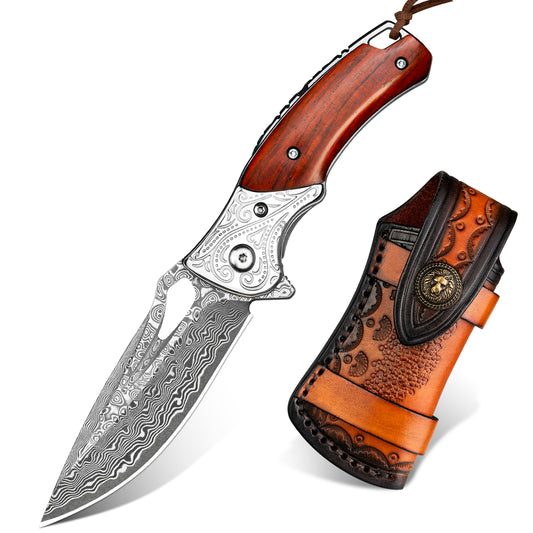 NedFoss HERON Damast Taschenmesser, Damast Klappmesser mit gelbem Sandelholzgriff mit schönem Muster, Mini Einhandmesser mit Scheide, scharfe Outdoor-Messer für die Jagd, Camping und Sammeln