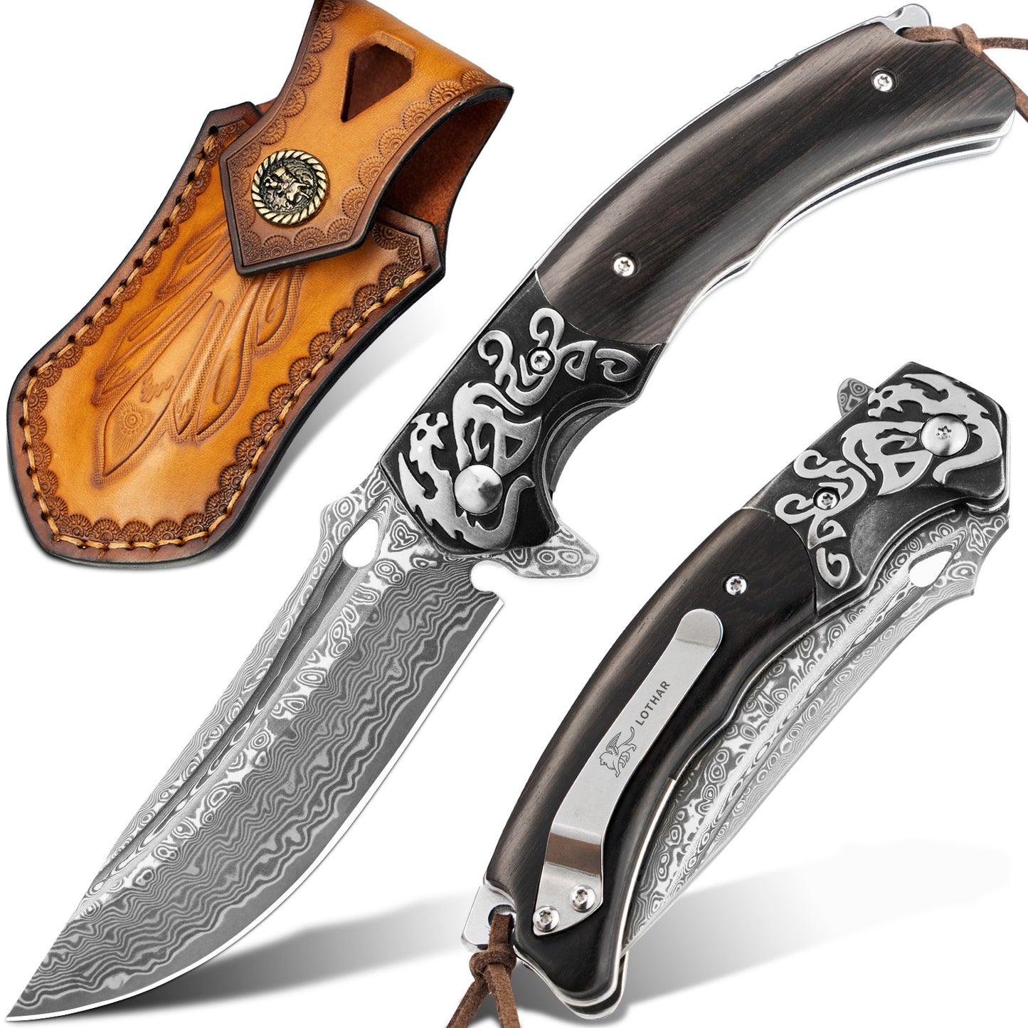 LOTHAR RHAEGAL Damast Klappmesser, Hochwertig Taschenmesser Outdoor aus 67 Lagen VG10 Damaststahl, Premium Damast Taschenmesser mit Holzgriff für Jagd, Ideal als Sammlung & Geschenk (Rosenholz)