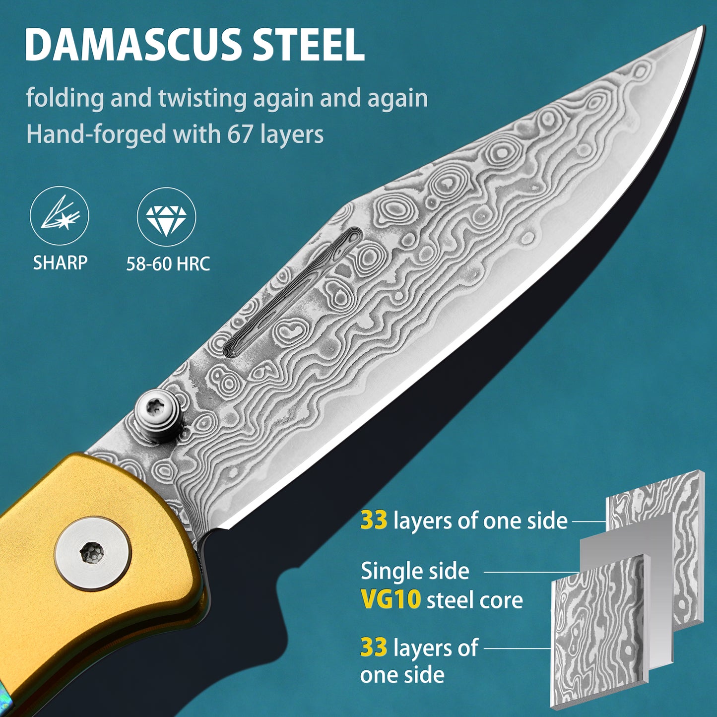 Damaskus Handgefertigtes Klappmesser mit Knopfverschluss aus geschmiedetem Damaszenerstahl,  mit Griff aus Abalone-Muschel und VG10-Stahl