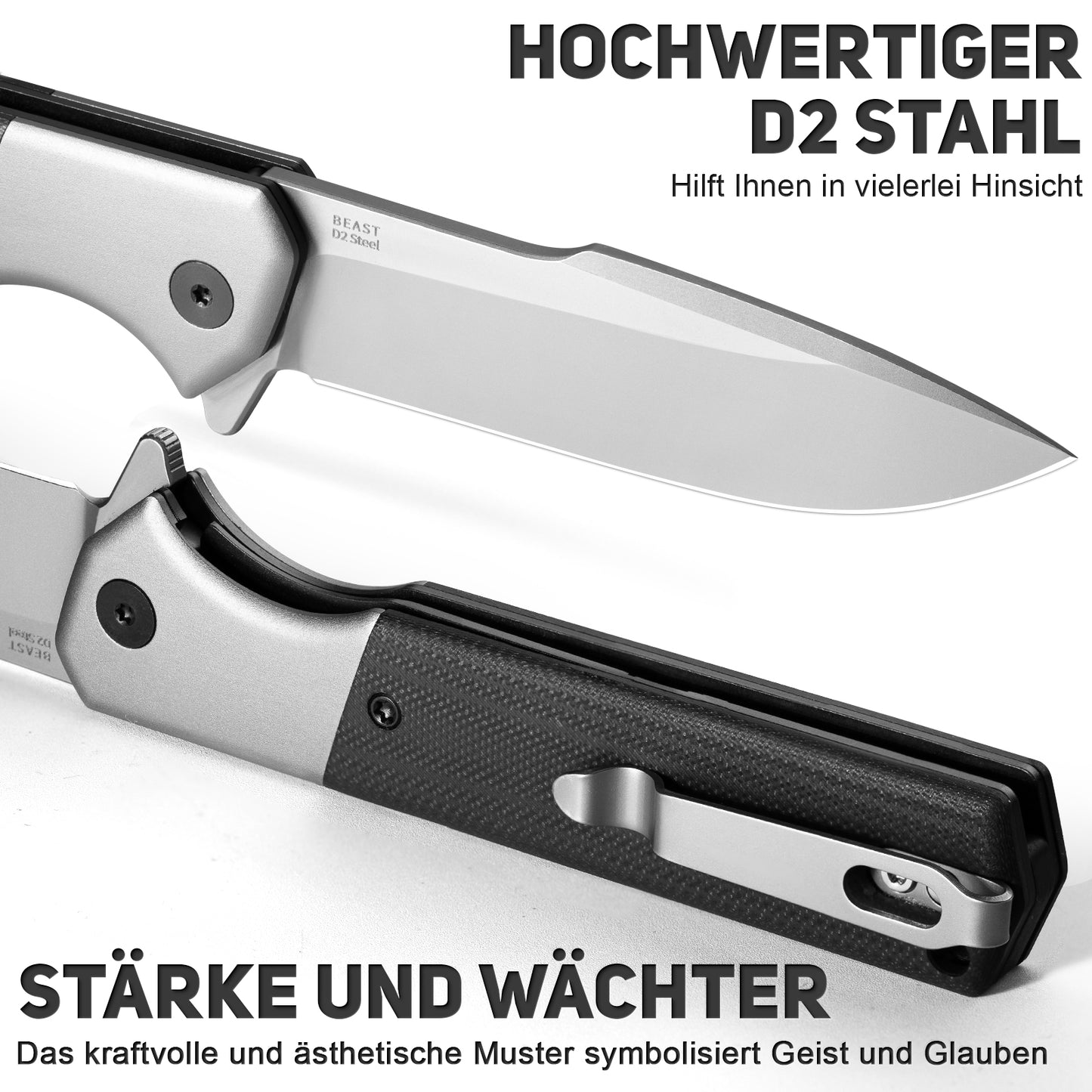 NedFoss BEAST Klappmesser, 10cm D2 Stahl Klinge, großes Taschenmesser, G10 Handle, Scharfes Einhandmesser mit Scheide