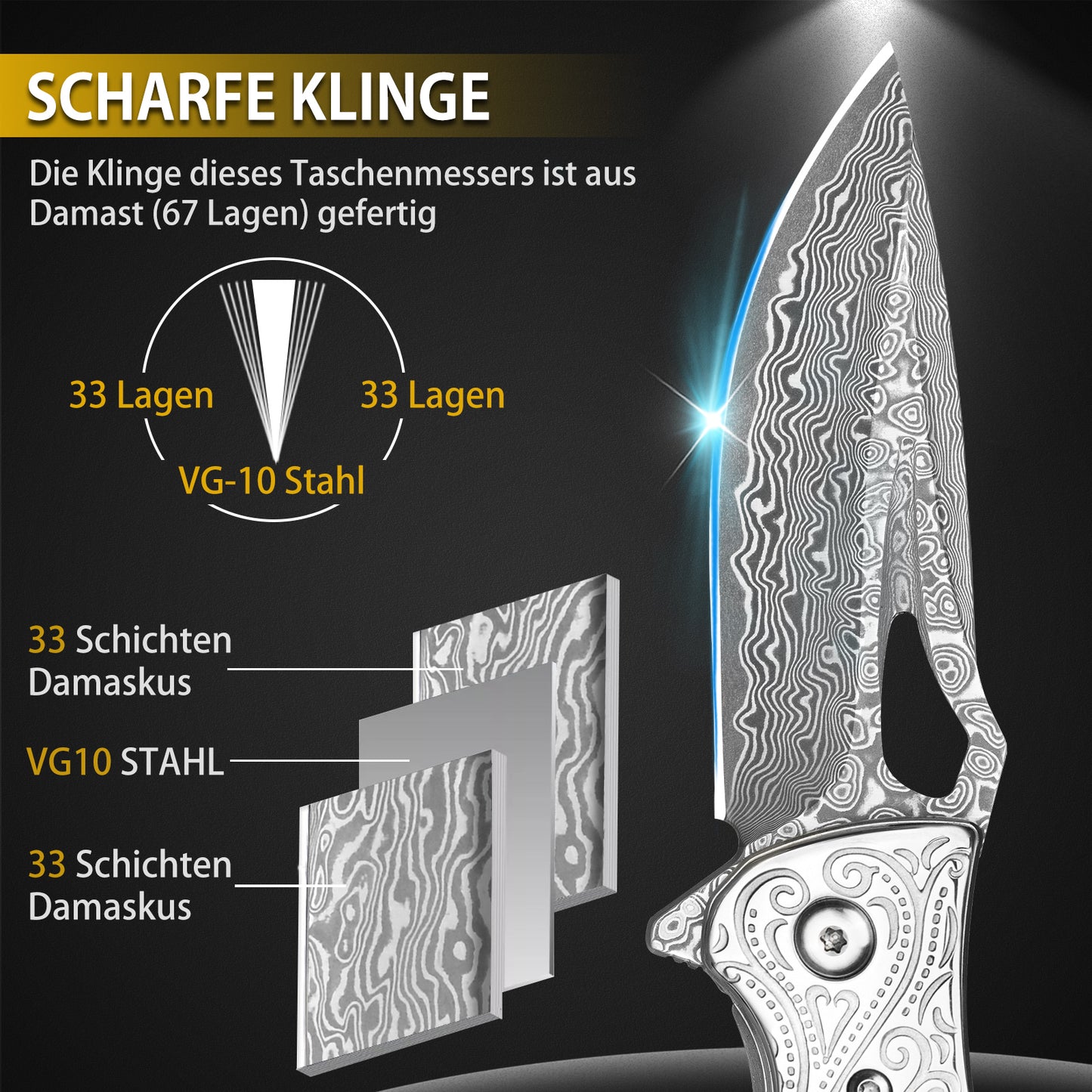 NedFoss HERON  Damast Taschenmesser, Damast Klappmesser mit gelbem Sandelholzgriff mit schönem Muster, Mini Einhandmesser mit Scheide, scharfe Outdoor-Messer für die Jagd, Camping und Sammeln