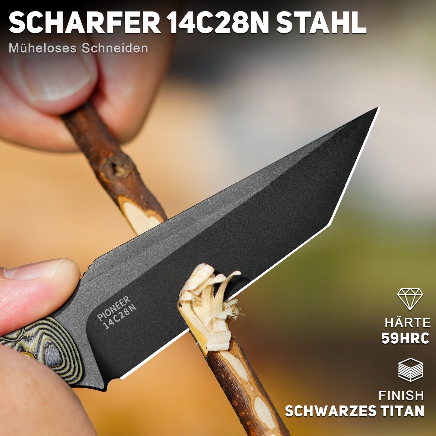 NedFoss PIONEER Jagdmesser, 8.5cm 14C28N Stahl Full Tang legales Outdoor Messer mit G10 Griff & Verstellbarer Clip, Kleines Survival Messer mit Kydexscheide, Bushcraft messer 42a konform, Edc Messer