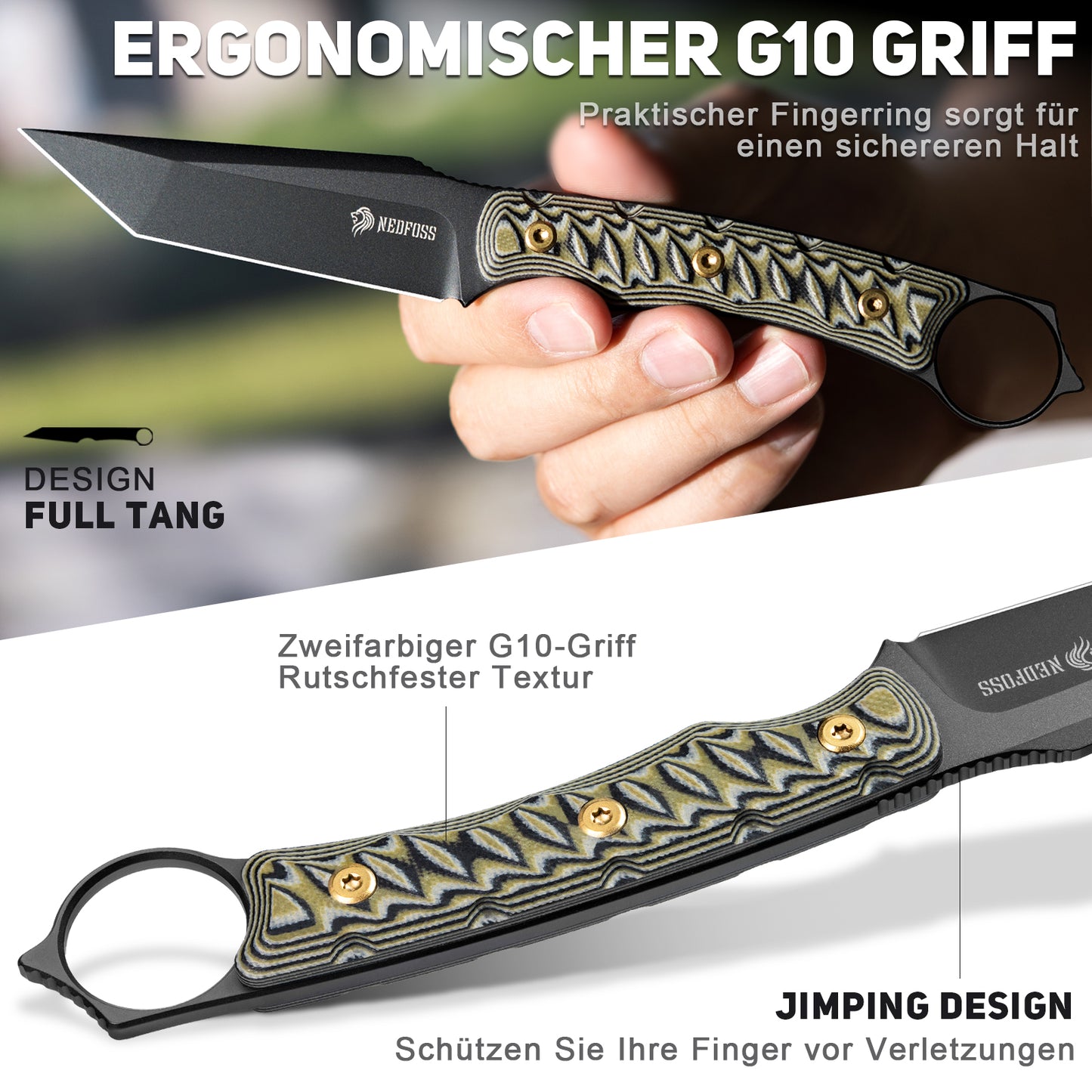 NedFoss PIONEER Jagdmesser, 8.5cm 14C28N Stahl Full Tang legales Outdoor Messer mit G10 Griff & Verstellbarer Clip, Kleines Survival Messer mit Kydexscheide, Bushcraft messer 42a konform, Edc Messer