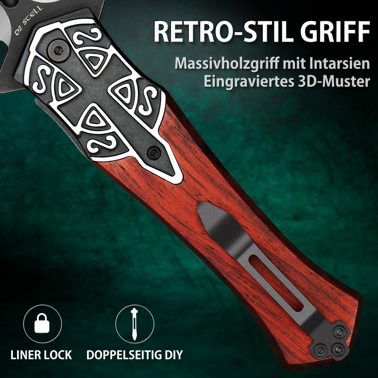 LOTHAR PASTOR 2 Klappmesser, D2 Stahl Einhandmesser mit Gürtelclip, Taschenmesser mit 3D Prägen Reliefgravur, Liner Lock, Geeignet für Sammlung