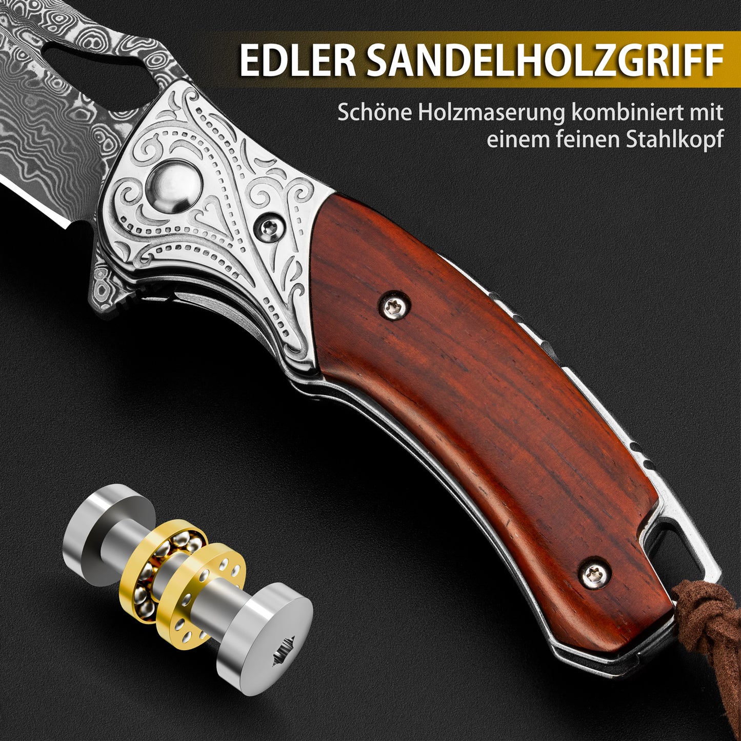 NedFoss HERON  Damast Taschenmesser, Damast Klappmesser mit gelbem Sandelholzgriff mit schönem Muster, Mini Einhandmesser mit Scheide, scharfe Outdoor-Messer für die Jagd, Camping und Sammeln