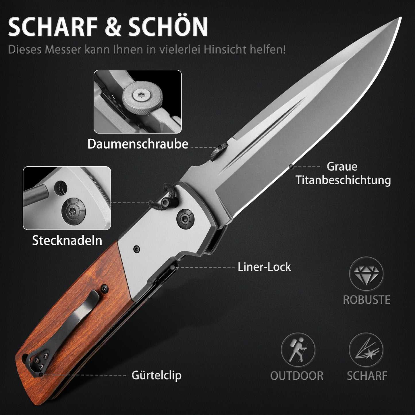 NedFoss DA52 Klappmesser,  Grosses Taschenmesser mit 13cm Klinge, Universal Outdoor Klappmesser, Einhandmesser