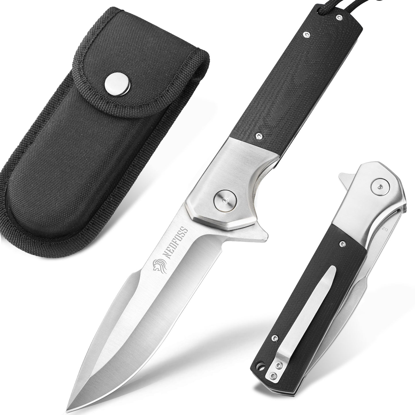 NedFoss BEAST Klappmesser, Klingenlänge 10cm aus D2 Stahl Taschenmesser mit G10 Griff, Einhandmesser mit Liner Lock & Kugellager, Outdoor Messer mit Clip, Survival Messer für Sammlung & Geschenk