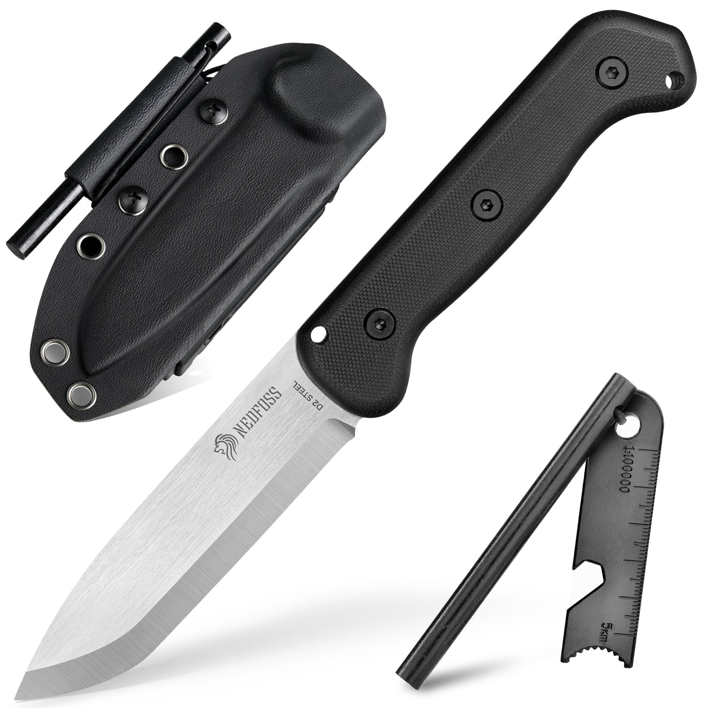 NedFoss BERGLÖWE Outdoor Messer, D2 Stahl Survival Puukko mit Skandi Schliff, 11cm Full Tang Survival Messer mit Feuerstahl, Scharfe Jagdmesser, Perfektes Bushcraft Messer, Designed in Germany