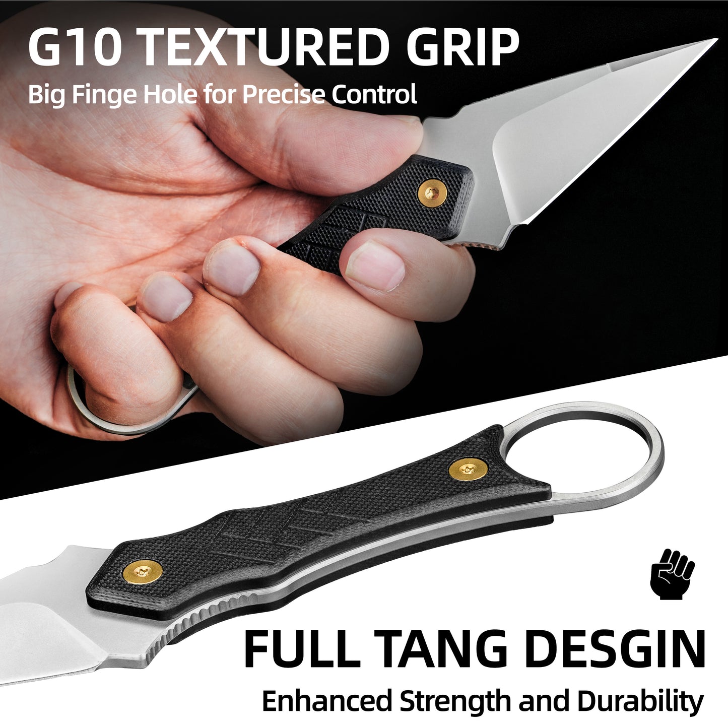 LOTHAR PORCUPINE 14C28N Stahl Neck Knife Messer,42A Fulltang Kleines Feststehendes Messer mit G10 Griff, Outdoor Messer mit Kydex Scheide und Gürtelclip (Schwarze Klinge)