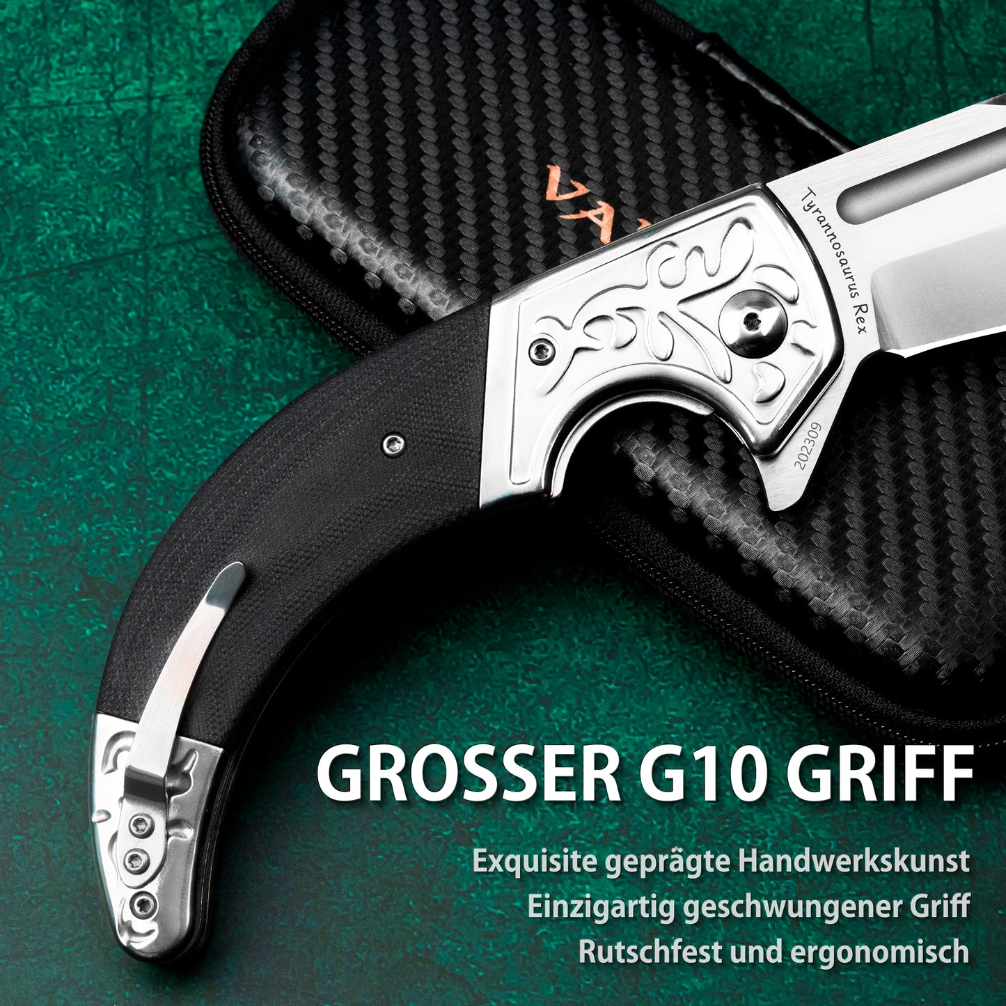 LOTHAR D2 Stahl Klappmesser, Einhandmesser mit G10 Griff, Taschenmesser mit Gürtelclip, Großes Outdoor Messer, Geeignet für Sammlung (TYRANNOSAURUS REX)