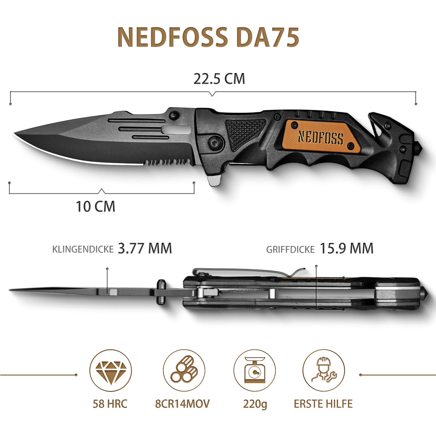 NedFoss DA75 Profi Rettungsmesser, 10cm Klappmesser mit Gurtschneider & Glasbrecher, Taschenmesser mit Liner Lock & Kugellager, Einhandmesser für Auto, Outdoor-Notfallmesser mit Gürtelclip