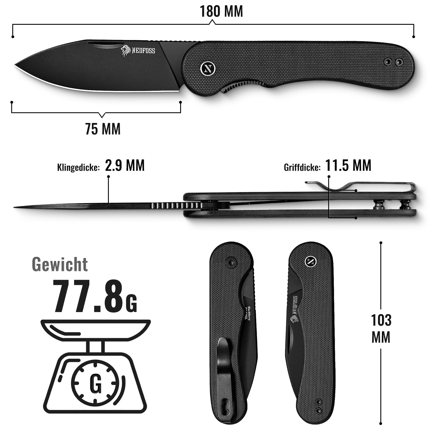 NedFoss BROMBEERE Zweihandmesser, D2 Stahl Klappmesser mit G10 Griff & Glip, Legales Klappmesser mit Liner Lock & Kugellager, EDC Messer für den Alltag, Sammlung & Geschenk