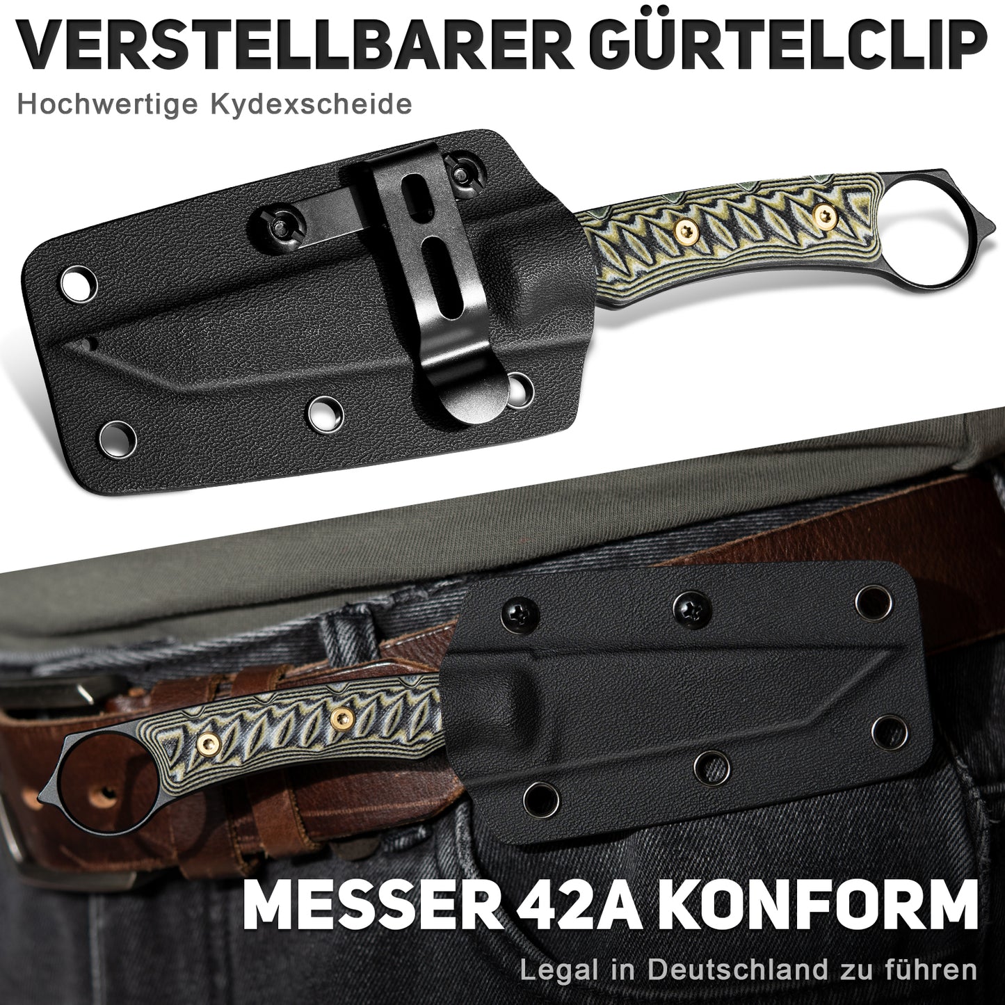 NedFoss PIONEER Jagdmesser, 8.5cm 14C28N Stahl Full Tang legales Outdoor Messer mit G10 Griff & Verstellbarer Clip, Kleines Survival Messer mit Kydexscheide, Bushcraft messer 42a konform, Edc Messer