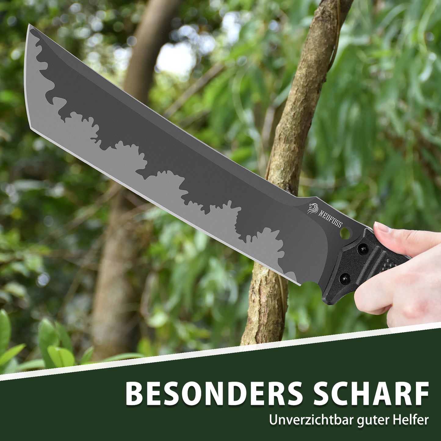 NedFoss FÖRSTER Machete, 37.5CM großes FULL TANG Survival Machete aus einem Stück Stahl mit Scheide, Scharfes Outdoor Messer, Buschmesser für Gartenarbeit, Bushcraft & Outdoor