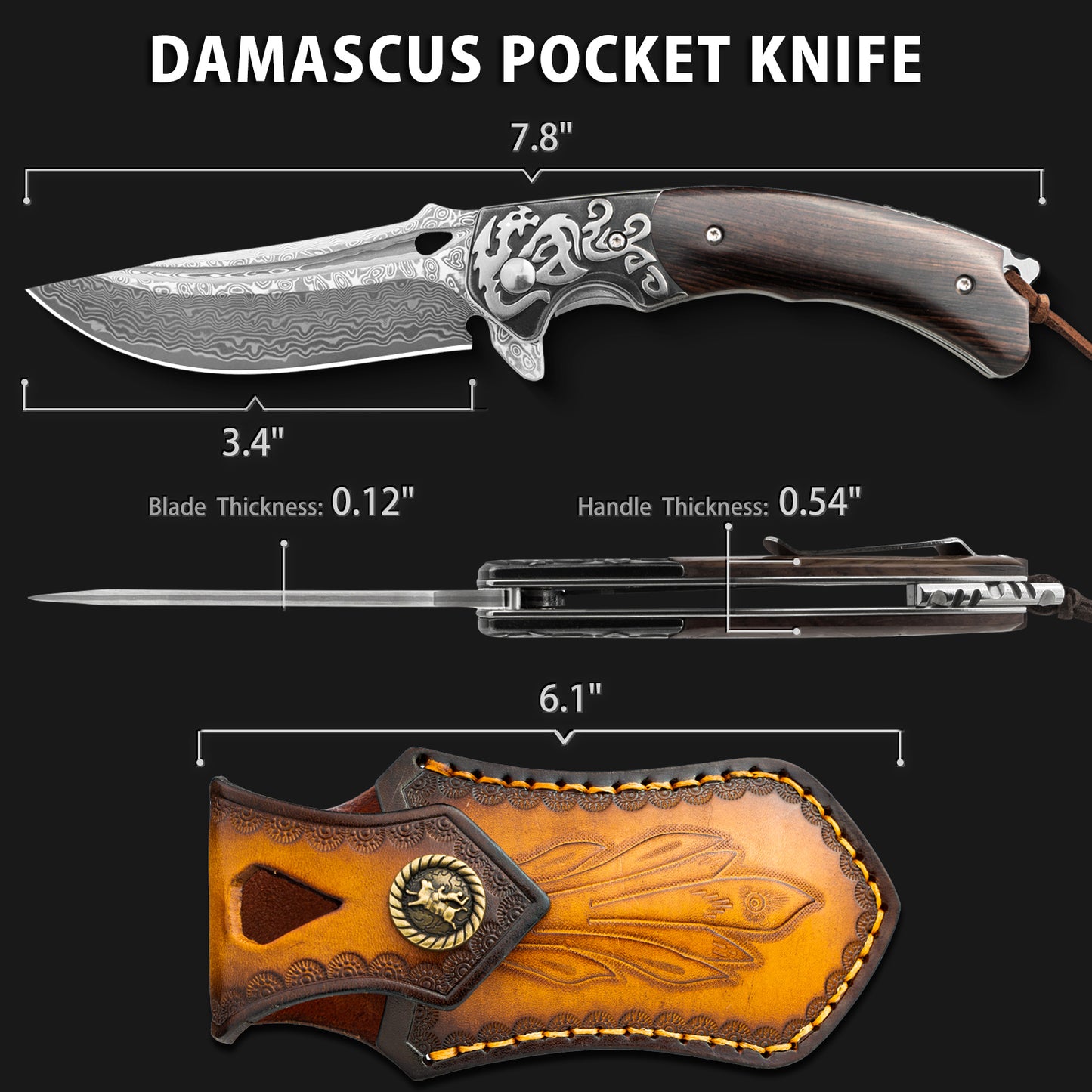 LOTHAR RHAEGAL Damast Klappmesser, Hochwertig Taschenmesser Outdoor aus 67 Lagen VG10 Damaststahl, Premium Damast Taschenmesser mit Holzgriff für Jagd, Ideal als Sammlung & Geschenk (Rosenholz)