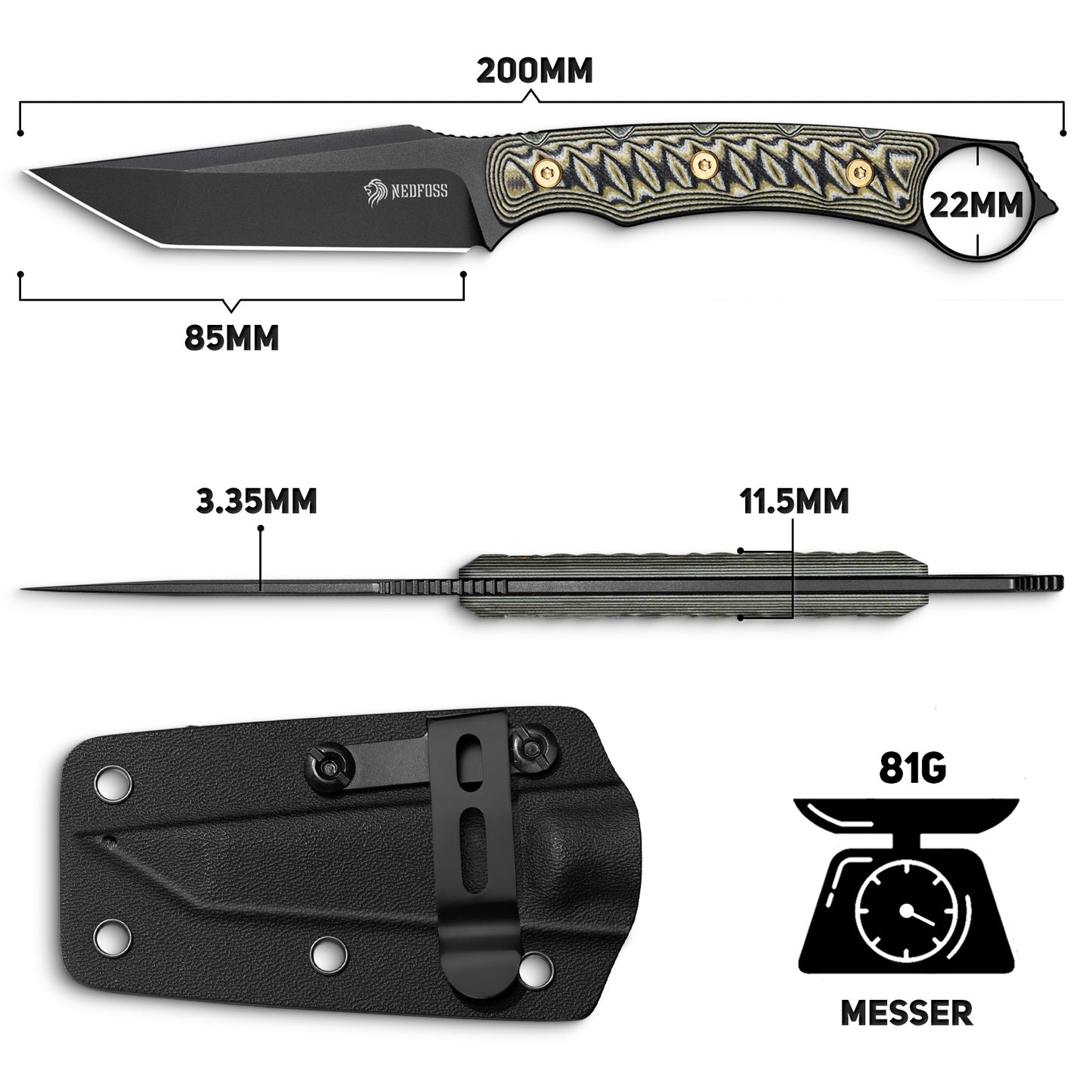 NedFoss PIONEER Jagdmesser, 8.5cm 14C28N Stahl Full Tang legales Outdoor Messer mit G10 Griff & Verstellbarer Clip, Kleines Survival Messer mit Kydexscheide, Bushcraft messer 42a konform, Edc Messer