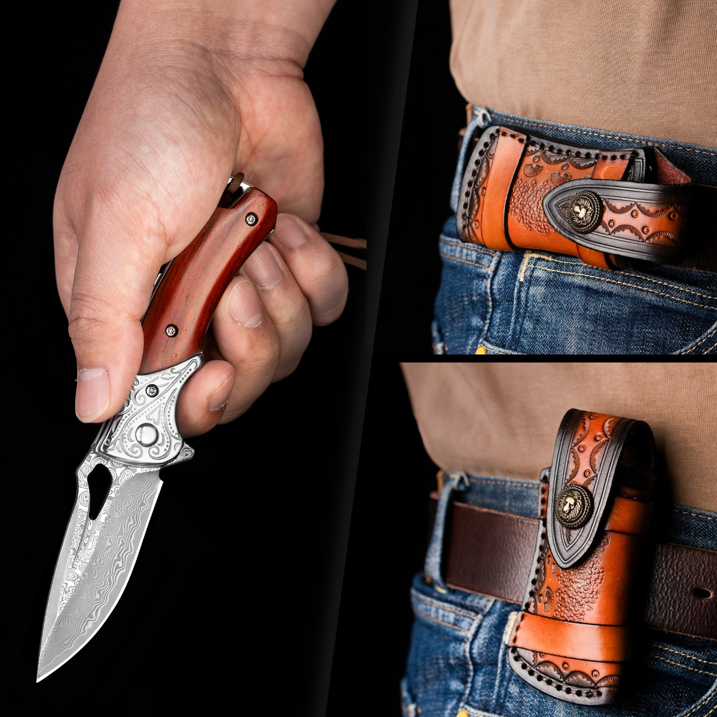NedFoss HERON  Damast Taschenmesser, Damast Klappmesser mit gelbem Sandelholzgriff mit schönem Muster, Mini Einhandmesser mit Scheide, scharfe Outdoor-Messer für die Jagd, Camping und Sammeln
