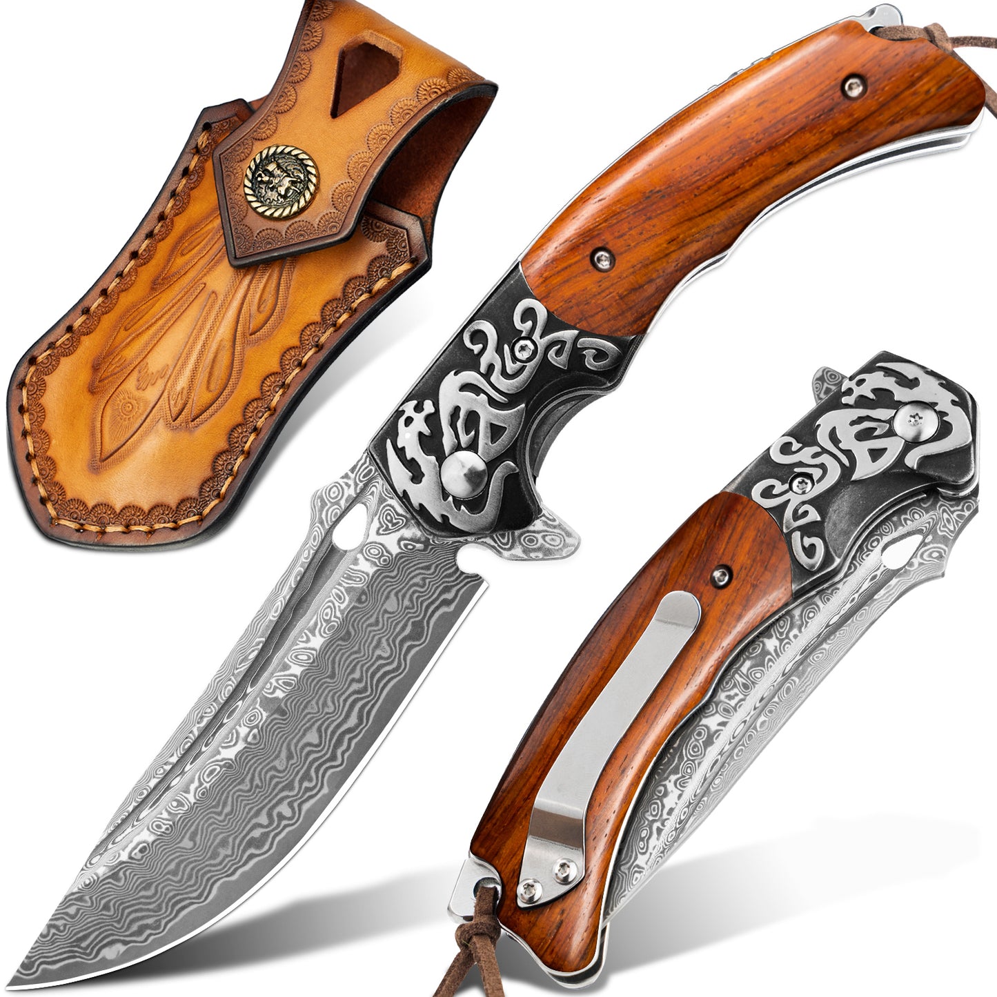 LOTHAR RHAEGAL Damast Klappmesser, Hochwertig Taschenmesser Outdoor aus 67 Lagen VG10 Damaststahl, Premium Damast Taschenmesser mit Holzgriff für Jagd, Ideal als Sammlung & Geschenk (Rosenholz)