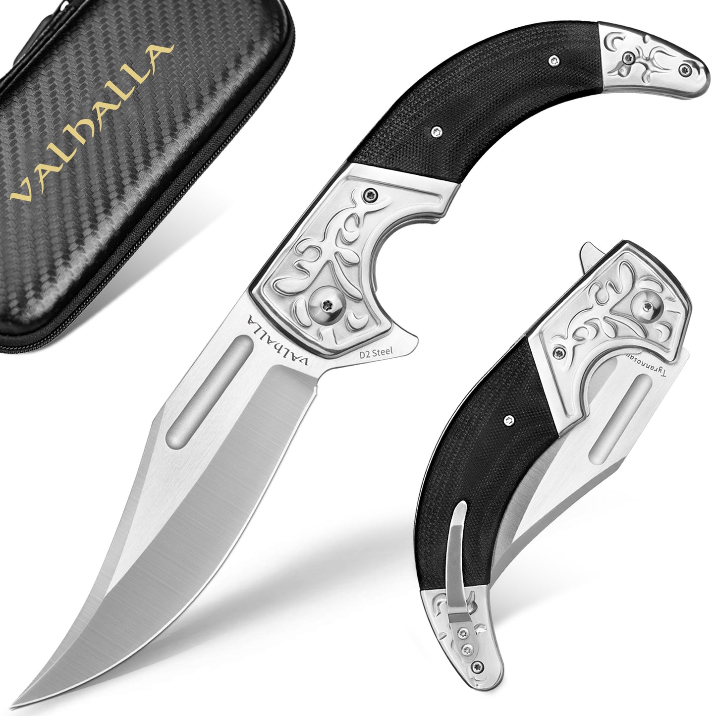 LOTHAR D2 Stahl Klappmesser, Einhandmesser mit G10 Griff, Taschenmesser mit Gürtelclip, Großes Outdoor Messer, Geeignet für Sammlung (TYRANNOSAURUS REX)