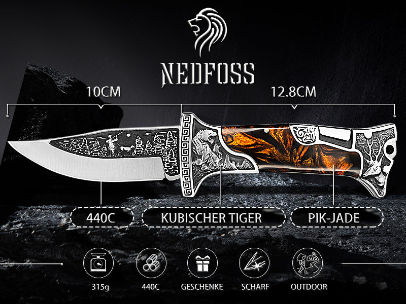 Nedfoss TIGER ROAR Zweihand- Klappmesser, TIGER  ROAR Taschenmesser mit Gürtelclip, EDC Messer mit Back Lock, Outdoormesser& Jagd klappmesser in schönes Design, scharf