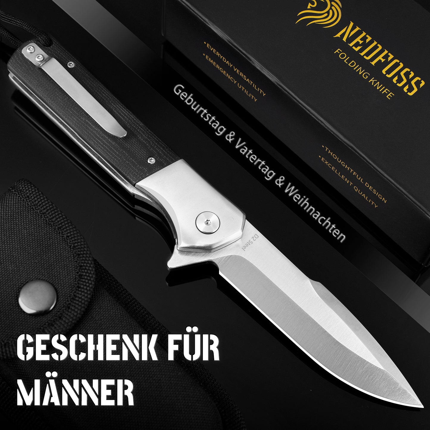 NedFoss BEAST Klappmesser, Klingenlänge 10cm aus D2 Stahl Taschenmesser mit G10 Griff, Einhandmesser mit Liner Lock & Kugellager, Outdoor Messer mit Clip, Survival Messer für Sammlung & Geschenk