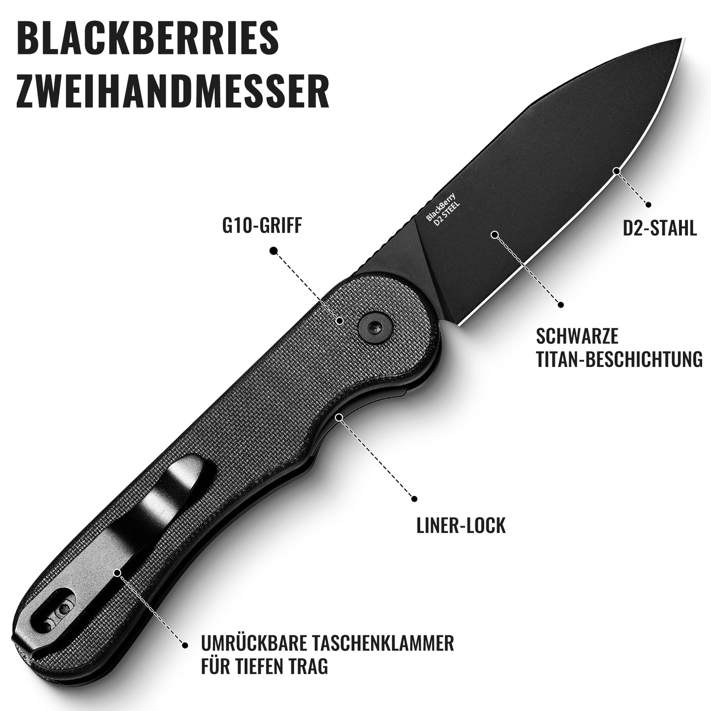 NedFoss BROMBEERE Zweihandmesser, D2 Stahl Klappmesser mit G10 Griff & Glip, Legales Klappmesser mit Liner Lock & Kugellager, EDC Messer für den Alltag, Sammlung & Geschenk