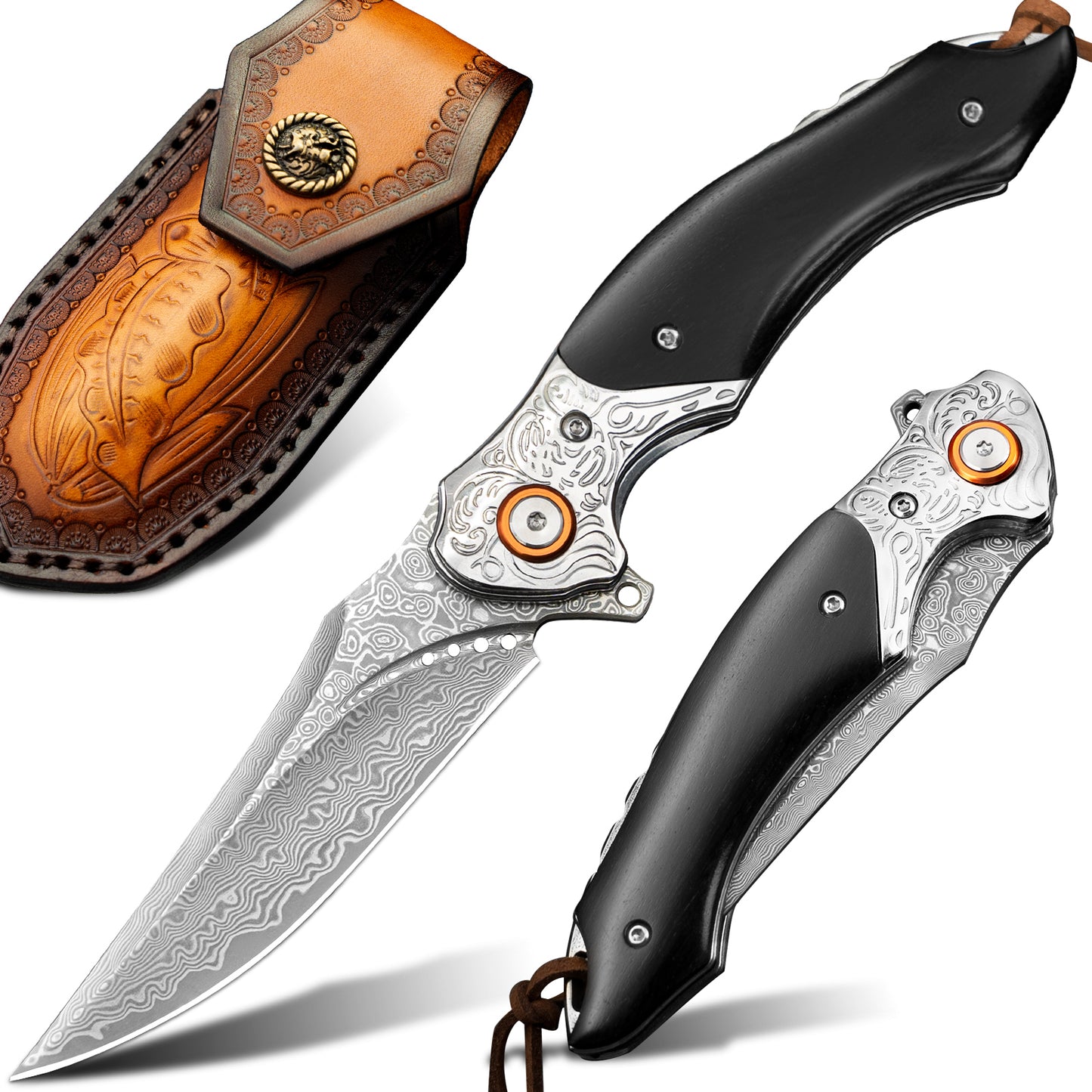 LOTHAR TUNA Damast Klappmesser, Damast Taschenmesser aus 67 Lagen VG10 Damaststahl, Einhandmesser mit Scharfe Klinge und Rosenholzgriff, Gürtelclip, für Sammlung oder Geschenk