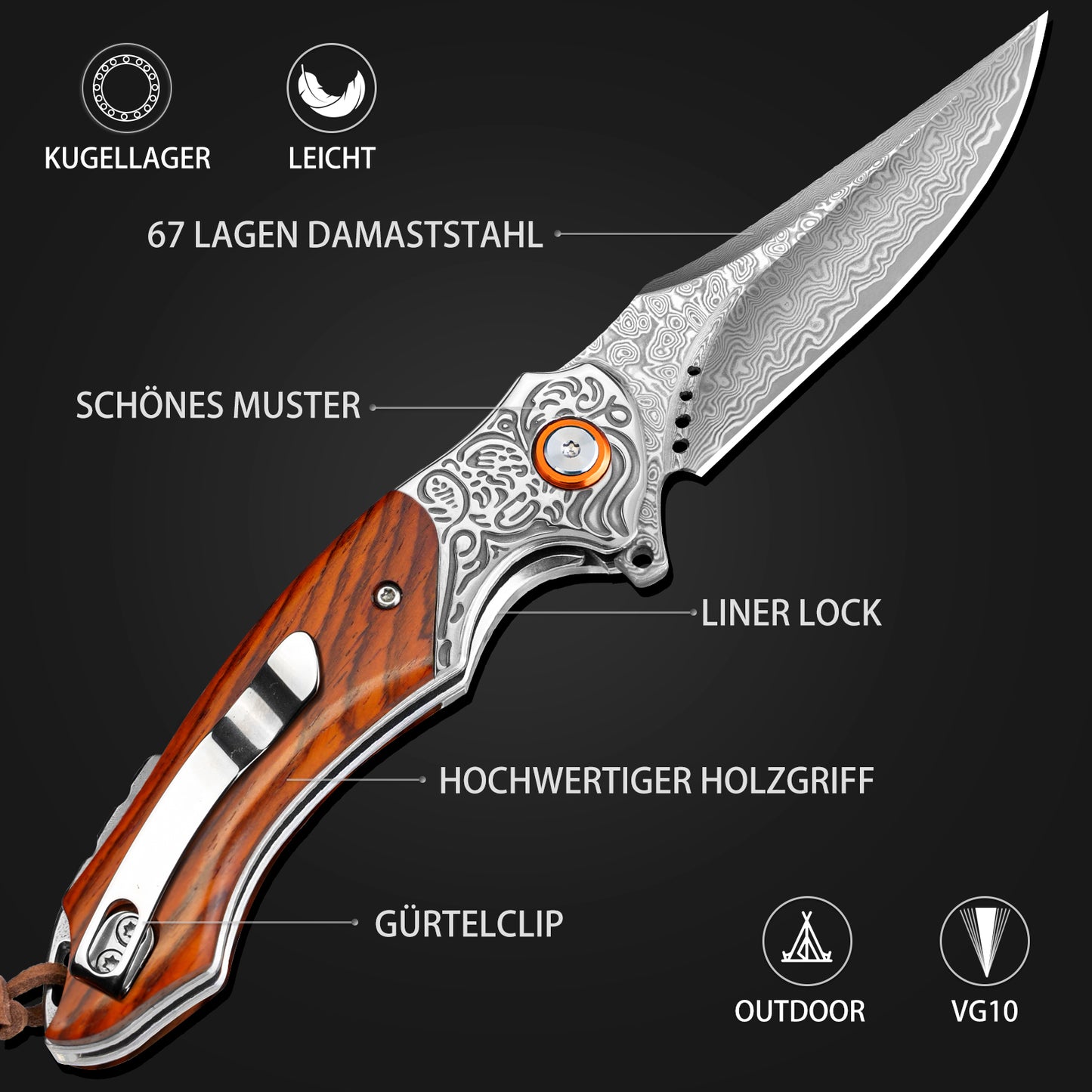 LOTHAR TUNA Damast Klappmesser, Damast Taschenmesser aus 67 Lagen VG10 Damaststahl, Einhandmesser mit Scharfe Klinge und Rosenholzgriff, Gürtelclip, für Sammlung oder Geschenk
