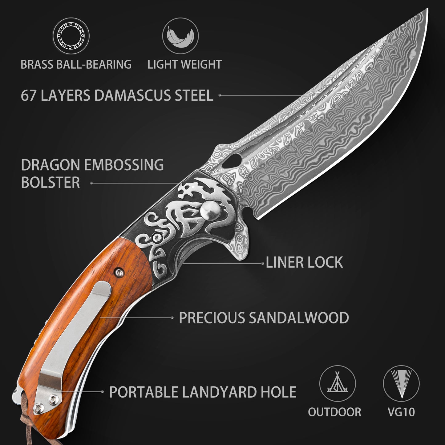 LOTHAR RHAEGAL Damast Klappmesser, Hochwertig Taschenmesser Outdoor aus 67 Lagen VG10 Damaststahl, Premium Damast Taschenmesser mit Holzgriff für Jagd, Ideal als Sammlung & Geschenk (Rosenholz)