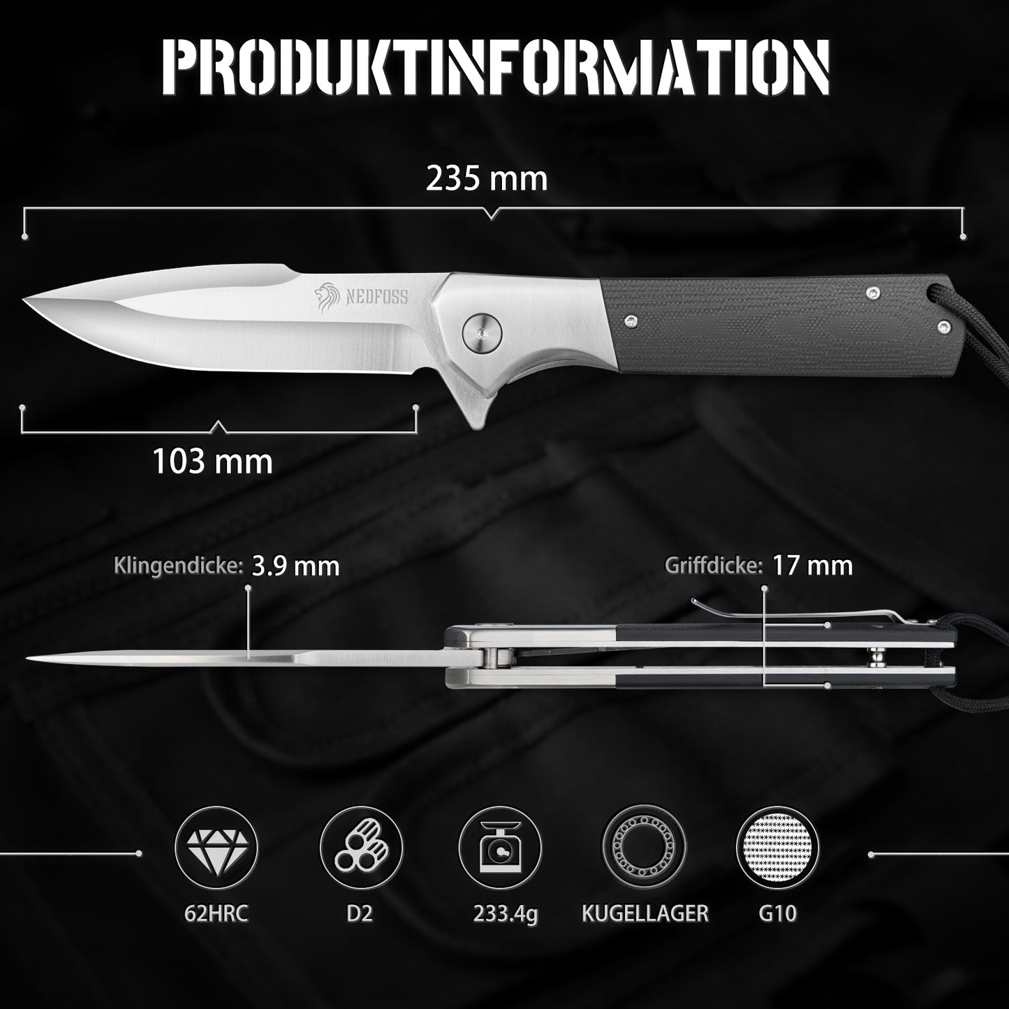 NedFoss BEAST Klappmesser, Klingenlänge 10cm aus D2 Stahl Taschenmesser mit G10 Griff, Einhandmesser mit Liner Lock & Kugellager, Outdoor Messer mit Clip, Survival Messer für Sammlung & Geschenk