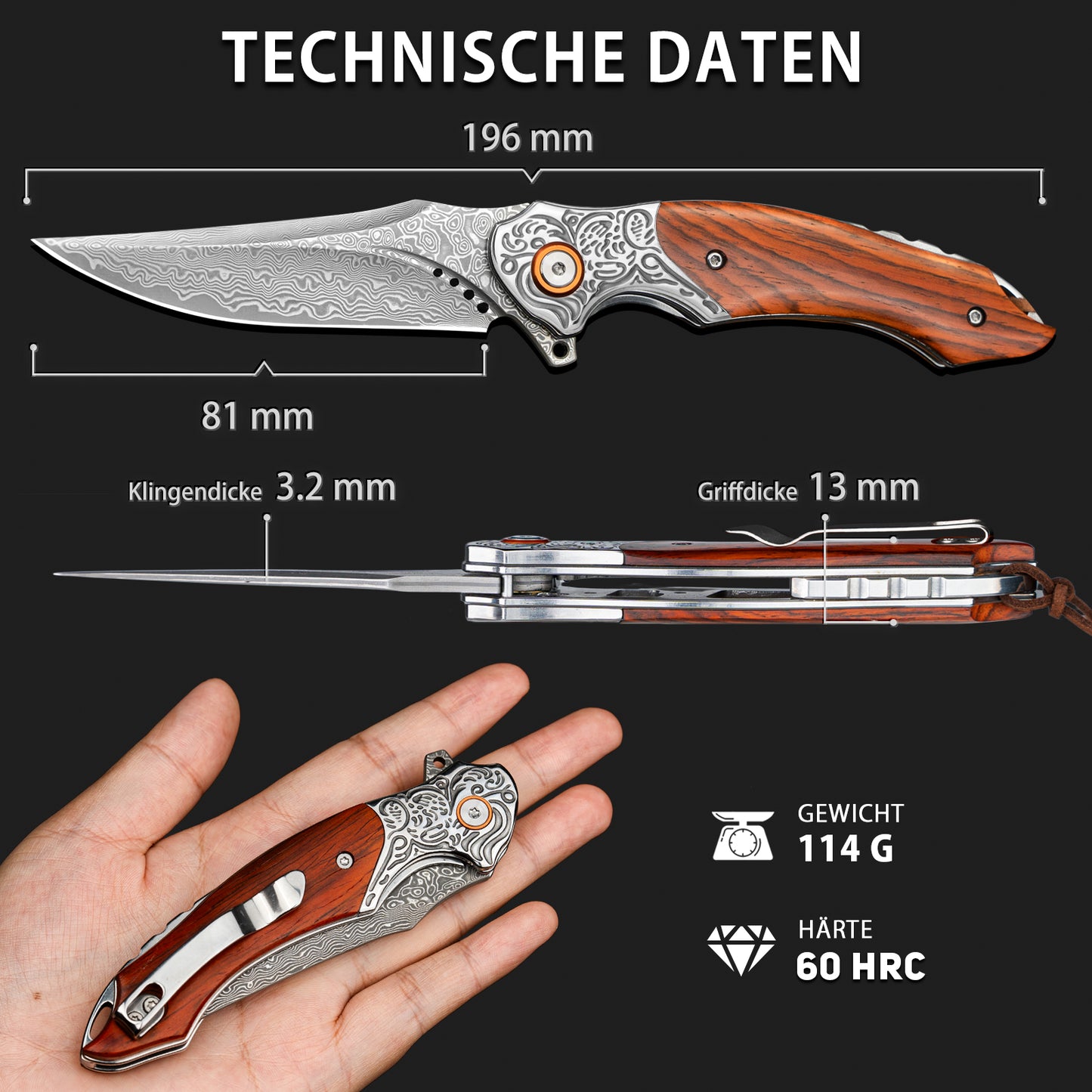 LOTHAR TUNA Damast Klappmesser, Damast Taschenmesser aus 67 Lagen VG10 Damaststahl, Einhandmesser mit Scharfe Klinge und Rosenholzgriff, Gürtelclip, für Sammlung oder Geschenk