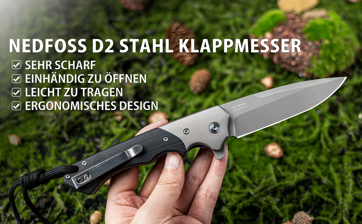 NedFoss SWAN Klappmesser scharf,Taschenmesser klappmesser, Scharfes Klappmesser Outdoor Messer aus D2 Stahl,Jagdmesser mit G10 Griff, Einhandmesser,Survival Klappmesser mit Gürtelclip