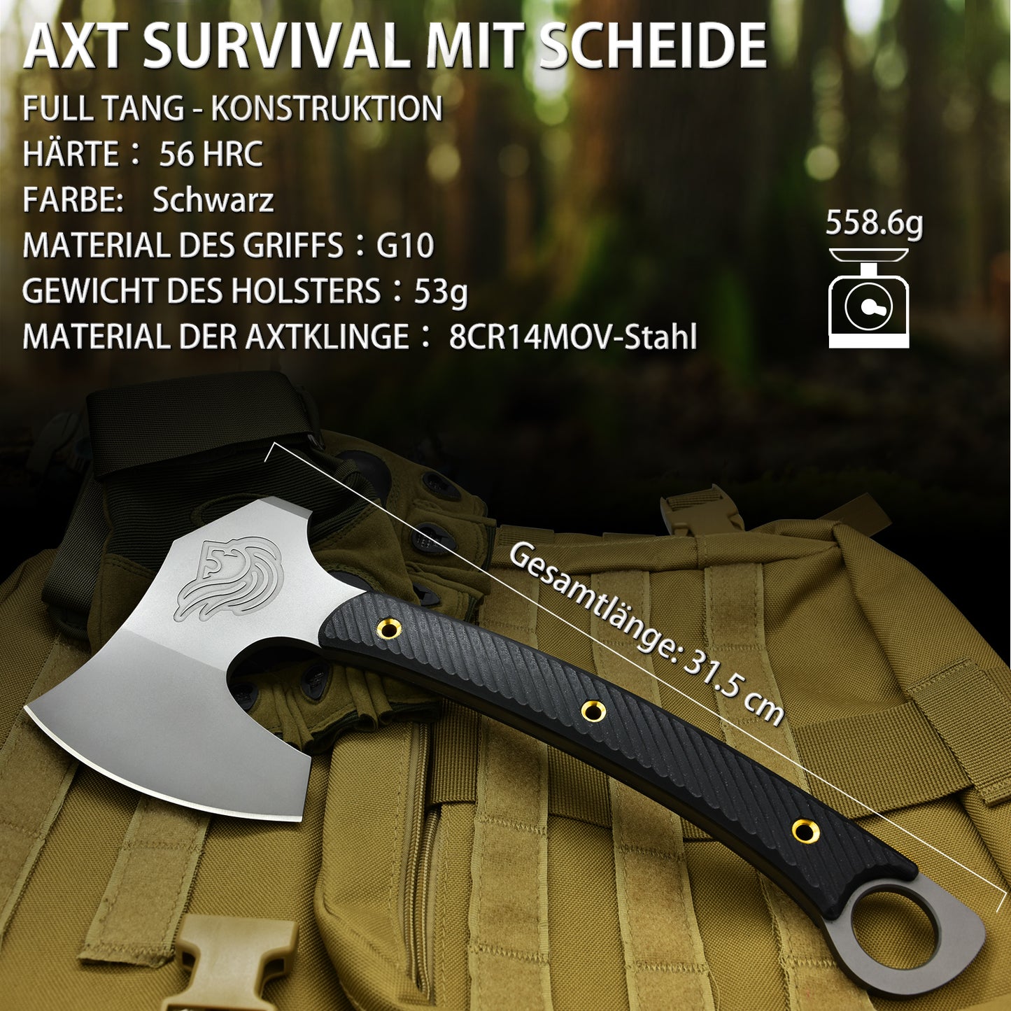 NedFoss VIKINGS Tomahawk, 31.5cm Full Tang Tactical Axt, Scharfe  Wikinger Axt mit G10 Griff, Tomahawk Axt, Kampfaxt, Taktische Axt, Camping Axt, Axt Survival, Streitaxt, Bartaxt, Axt Wikinger mit Scheide