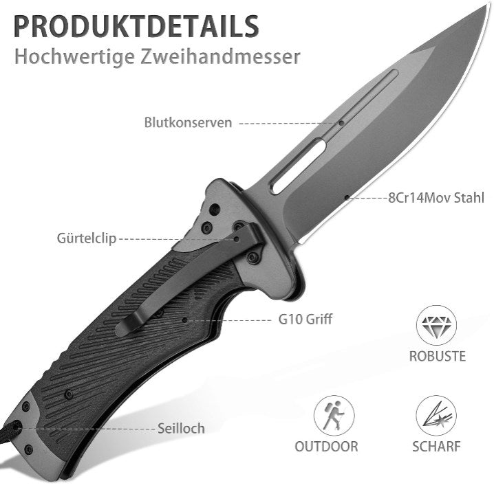 LOTHAR RHINO Klappmesser, 10.3cm Großes Taschenmesser mit G10 Griff, Liner Lock, Outdoor Messer Survival mit Clip für Camping, Bushcraft, Robust & Langlebig