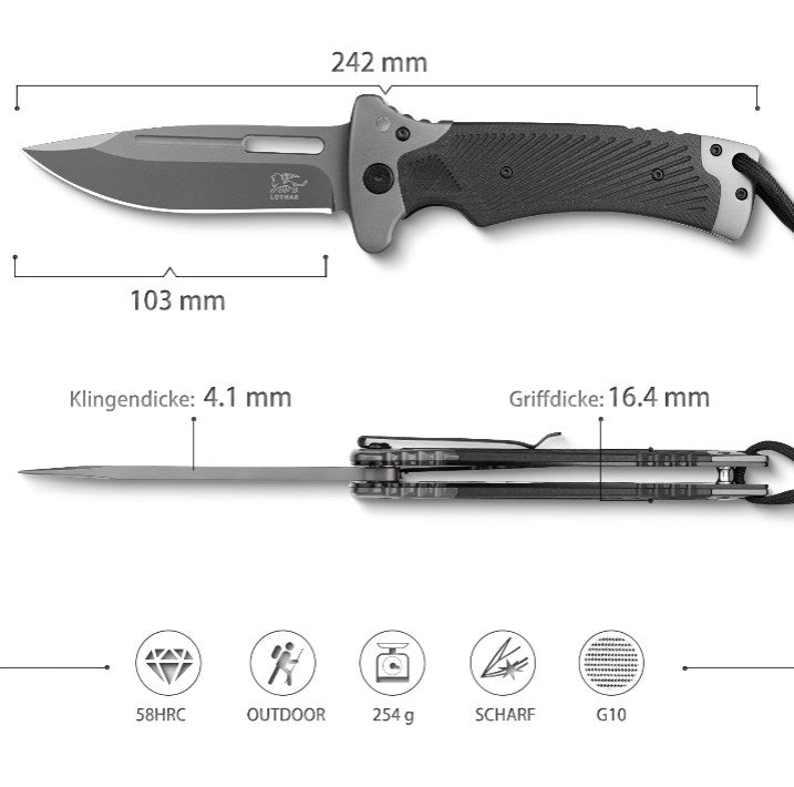 LOTHAR RHINO Klappmesser, 10.3cm Großes Taschenmesser mit G10 Griff, Liner Lock, Outdoor Messer Survival mit Clip für Camping, Bushcraft, Robust & Langlebig