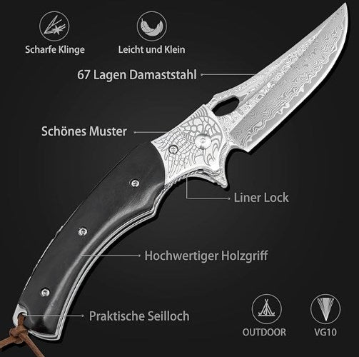LOTHAR KRAKEN Taschenmesser, Damast Klappmesser aus 67 Lagen VG10 Damaststahl, Damast Taschenmesser mit Scharfe Klinge und Ebenholzgriff, Damastmesser für Sammlung oder Geschenk (Ebenholz)