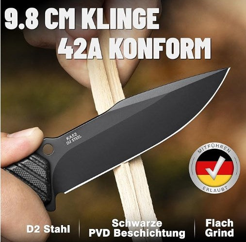 LOTHAR KA52 Jagdmesser, 9.8cm Full Tang Outdoor Messer aus D2 Stahl, G10 Griff Survival Messer mit Kydex Scheide，Bushcraft Messer für Outdoor Liebhaber