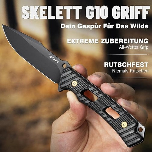LOTHAR KA52 Jagdmesser, 9.8cm Full Tang Outdoor Messer aus D2 Stahl, G10 Griff Survival Messer mit Kydex Scheide，Bushcraft Messer für Outdoor Liebhaber