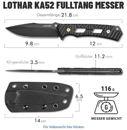 LOTHAR KA52 Jagdmesser, 9.8cm Full Tang Outdoor Messer aus D2 Stahl, G10 Griff Survival Messer mit Kydex Scheide，Bushcraft Messer für Outdoor Liebhaber