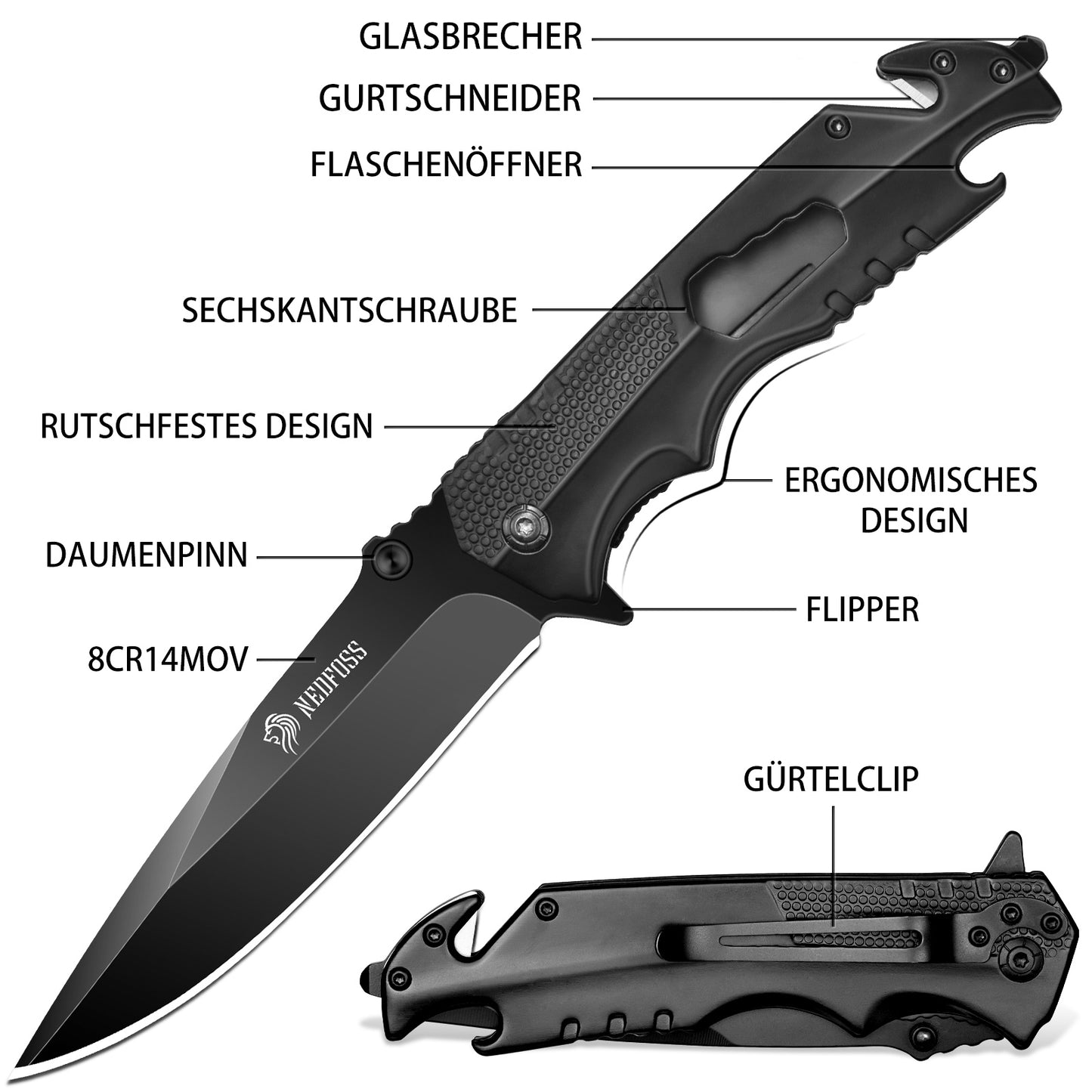 NedFoss FA48 Klappmesser,  4-in-1 Outdoor Taschenmesser, Survival  Einhandmesser, Scharfes Rettungsmessermit Flascheöffner, Gurtschneider und Glasbrecher